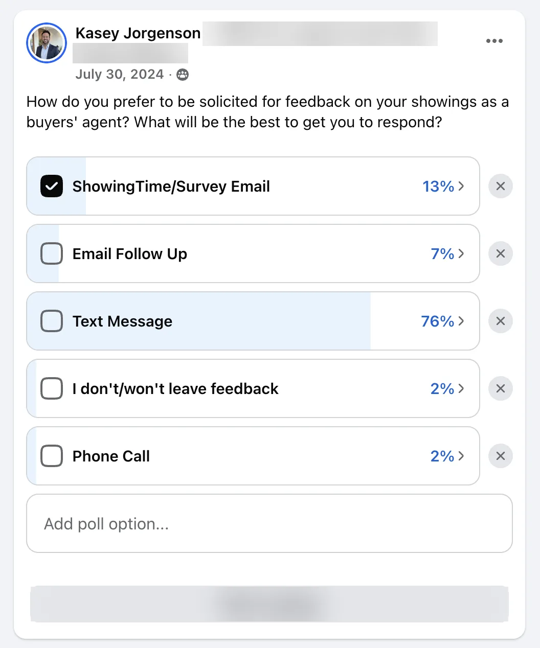 Poll of buyer agents on showing feedback: 76% text message, 13% ShowingTime or survey email, 7% email follow-up, 2% phone call, 2% won't leave feedback