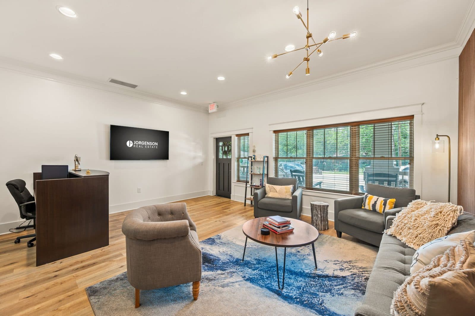 Front lobby with sofas and a reception desk
