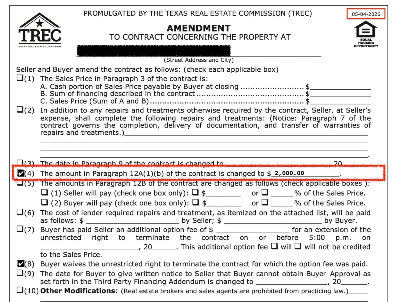 New TREC Amendment 39-11 with box 4 checked, changing Paragraph 12A(1)(b) to $2,000