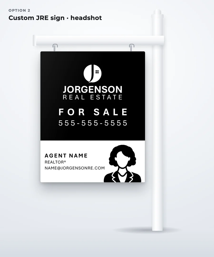 Custom JRE sign with the agent’s phone number under For Sale and a white bottom panel with the agent’s name, two lines of text, and a headshot