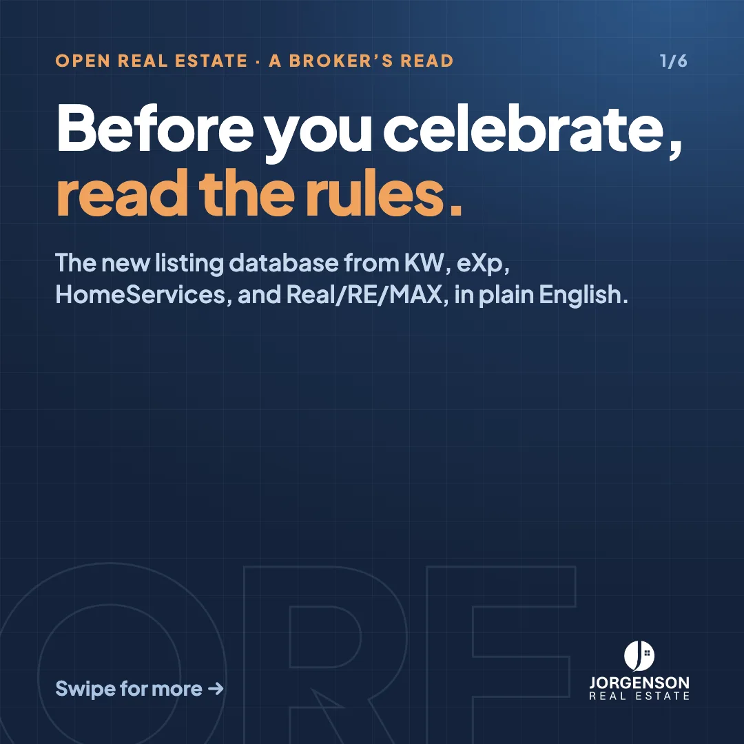 Graphic reading: Before you celebrate, read the rules. The new listing database from KW, eXp, HomeServices, and Real/RE/MAX, in plain English.