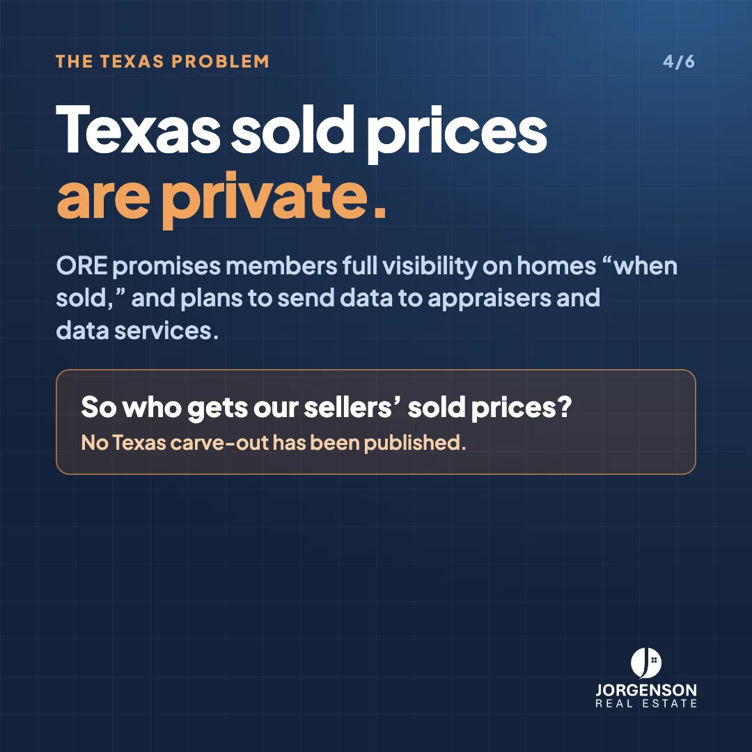Graphic reading: Texas sold prices are private. ORE promises members full visibility on homes when sold, and plans to send data to appraisers and data services. So who gets our sellers' sold prices?
