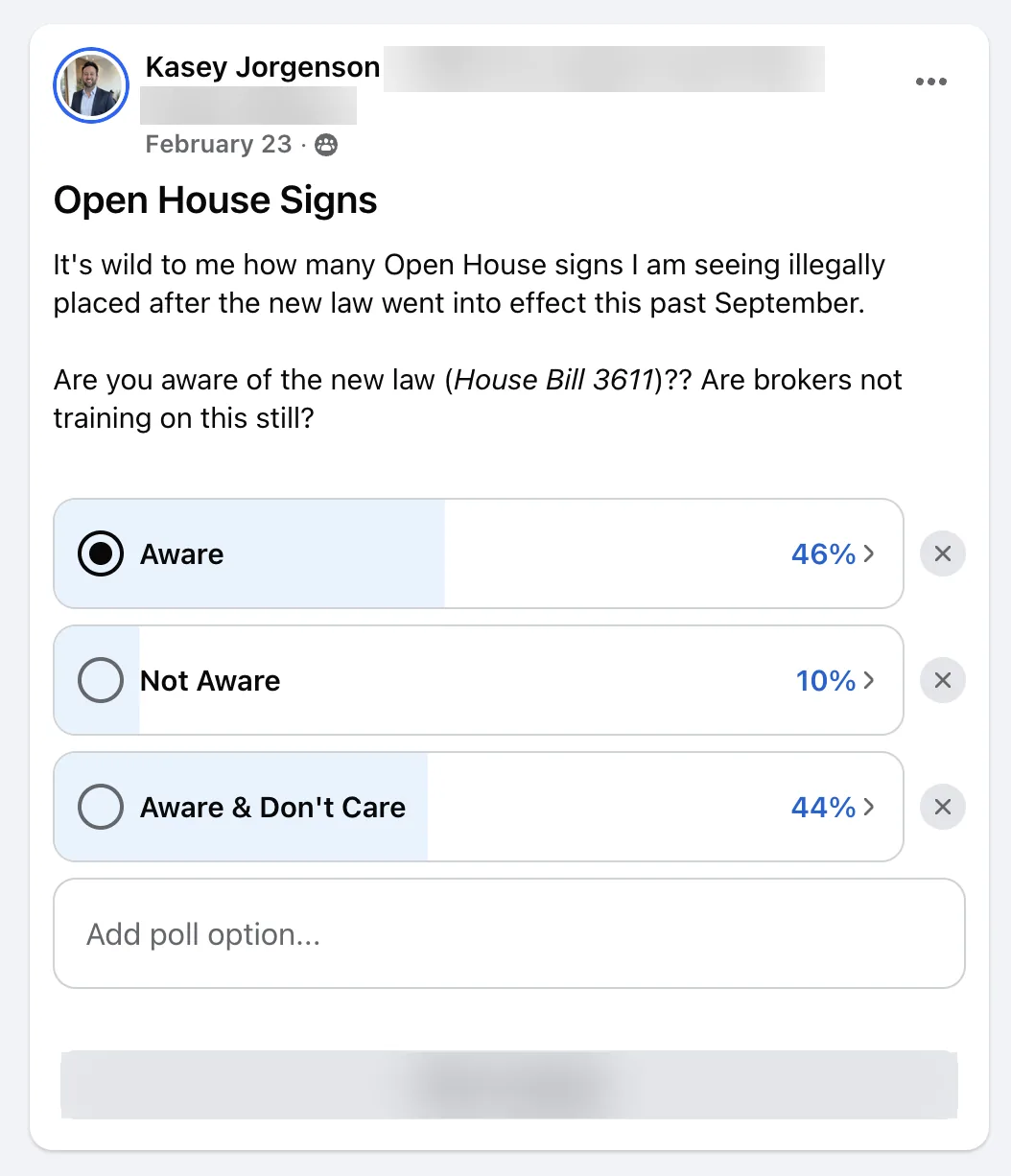 Facebook poll about House Bill 3611: 46% aware, 10% not aware, 44% aware and don't care